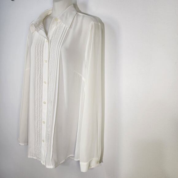 Cabi Blouse Women's Medium Ivory Button Sheer Office Classic Embroidery Pleated - Picture 6 of 10